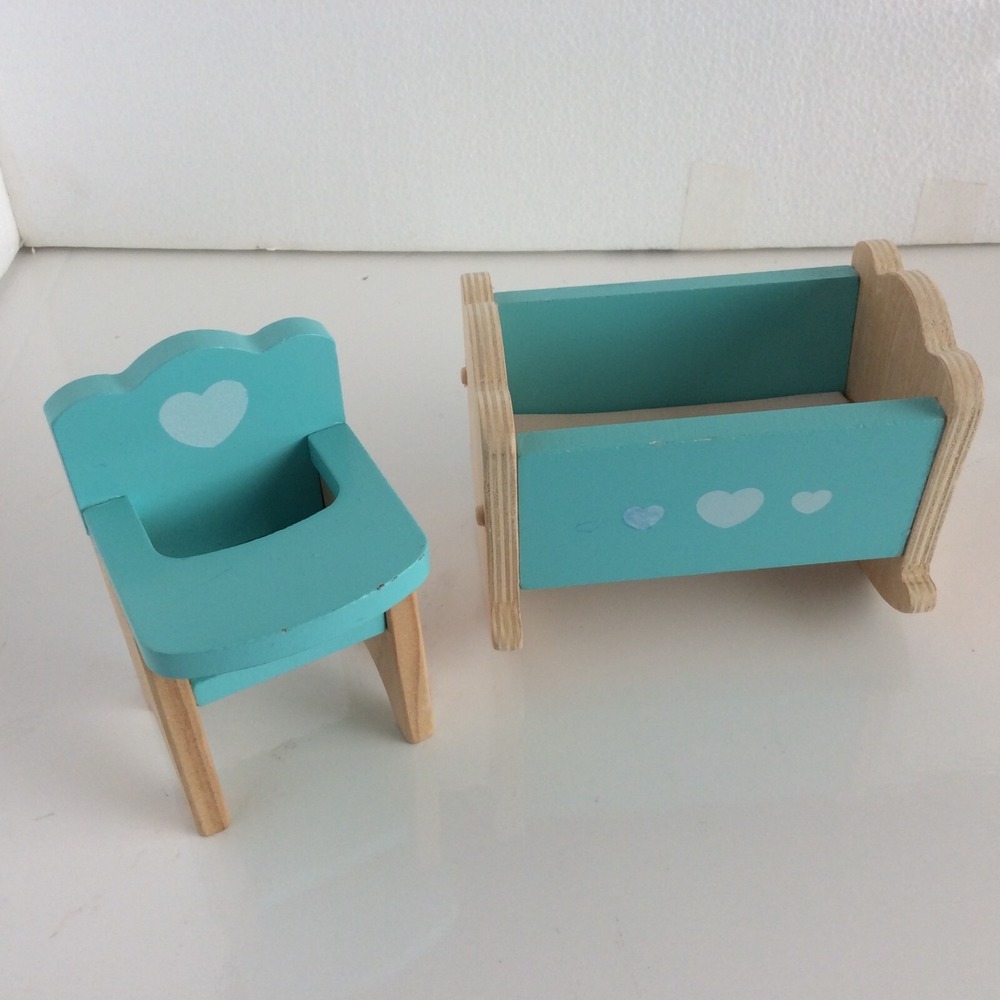 KidKraft Majestic Mansion Blue Wooden High Chair Baby Cradle Crib Dollhouse Set